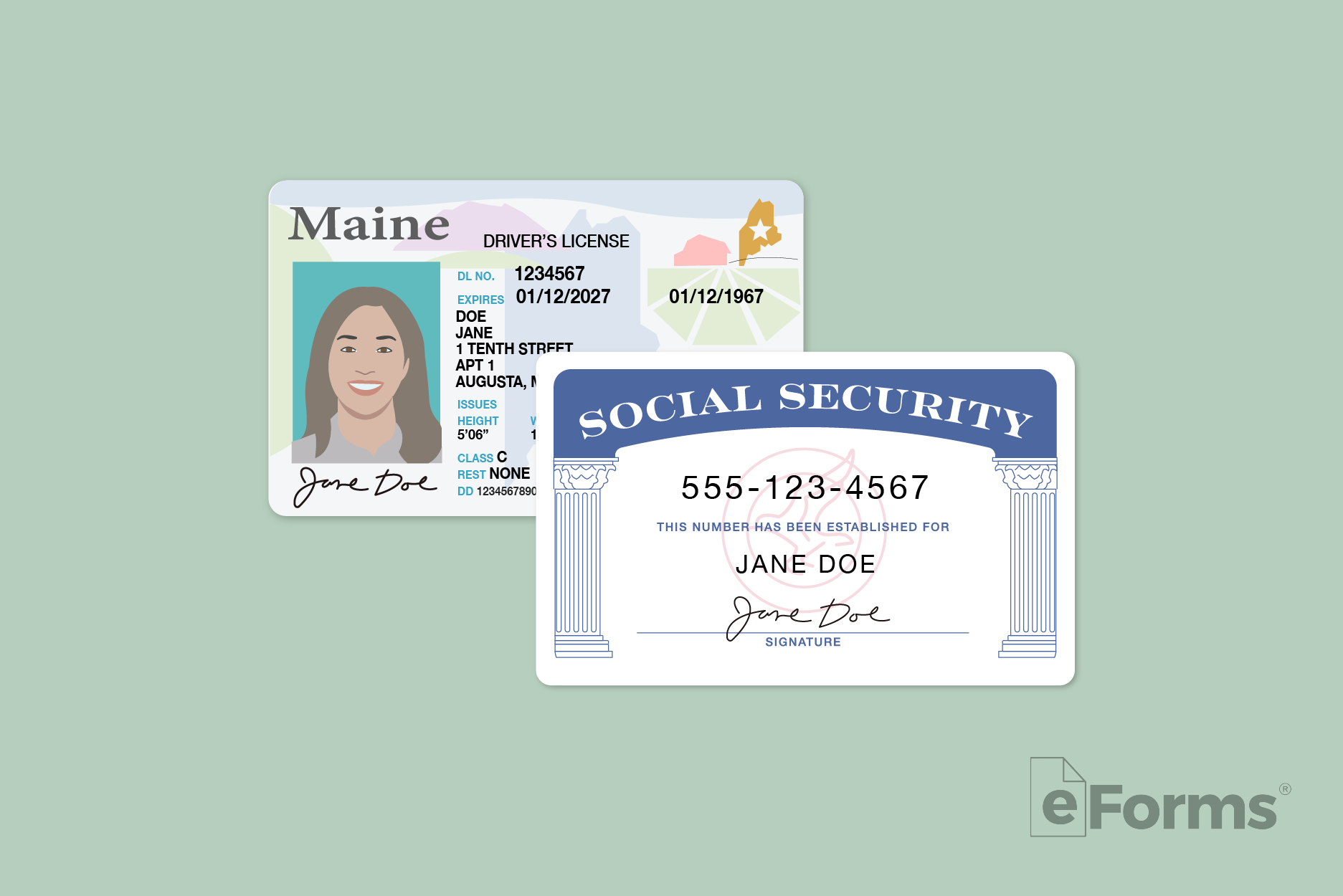 Maine Driver's License and Social Security card.