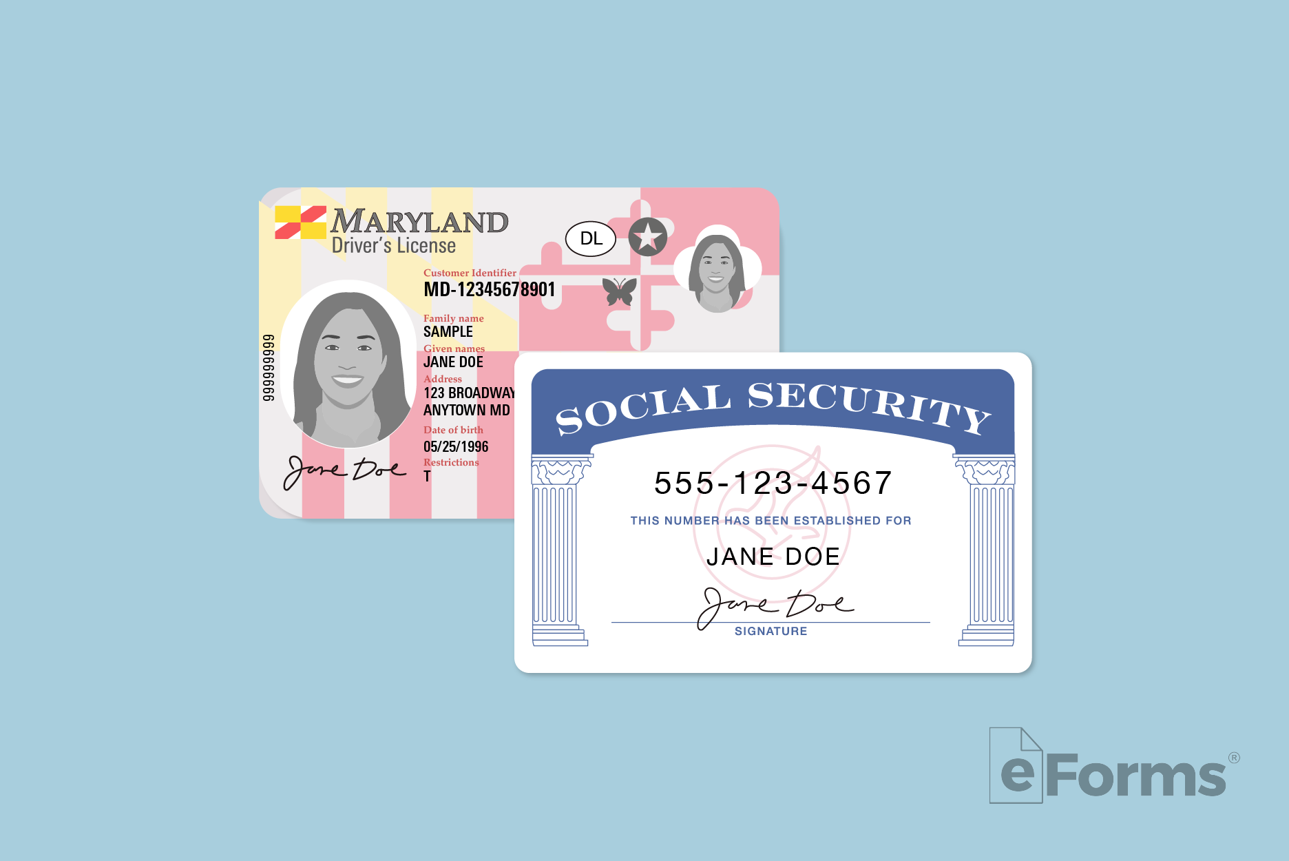 Maryland Driver's License and Social Security card. 