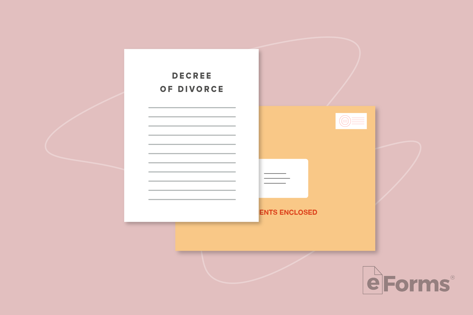 Decree of Divorce document and an addressed manila envelope.