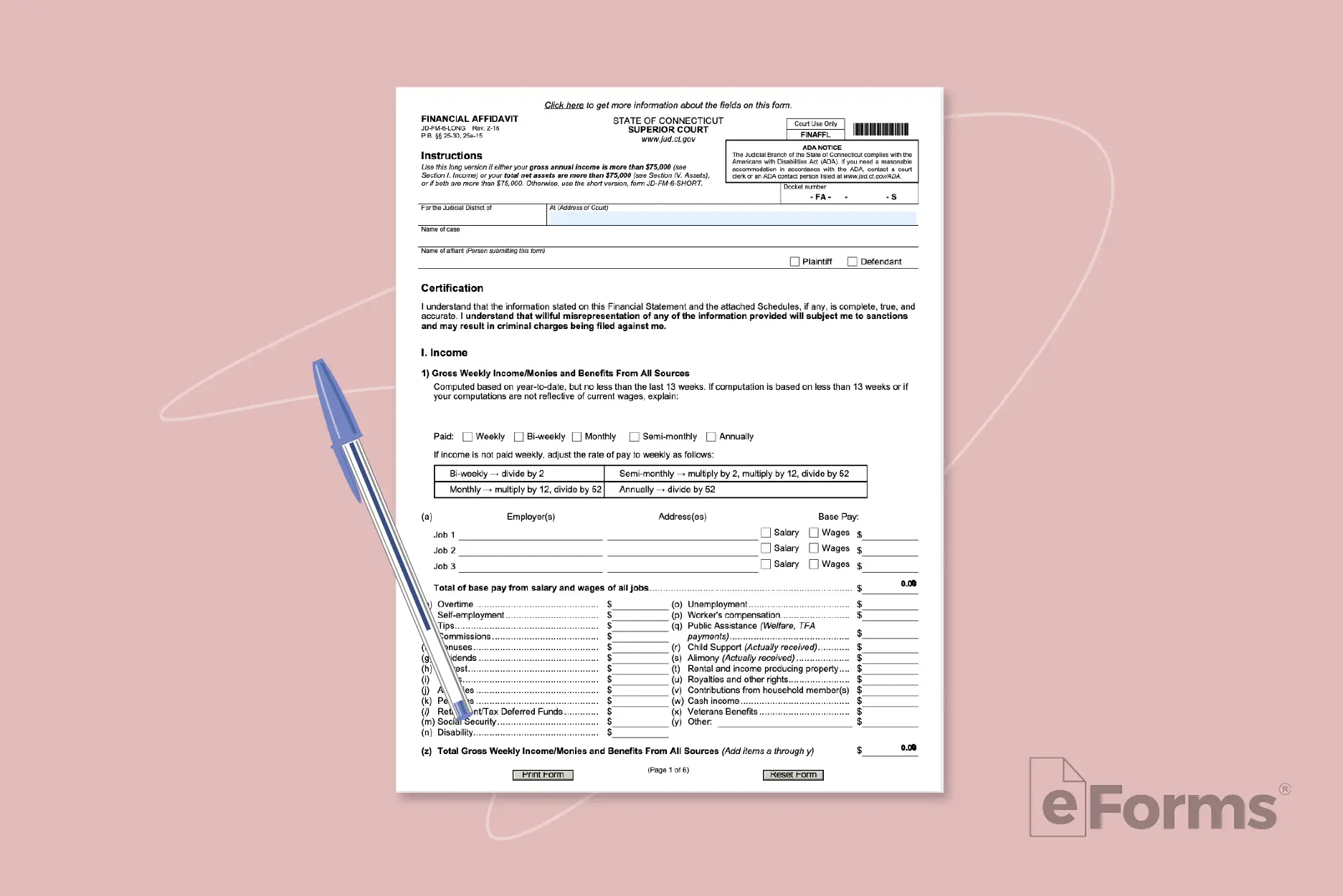 Financial Affidavits form with ball point pen.