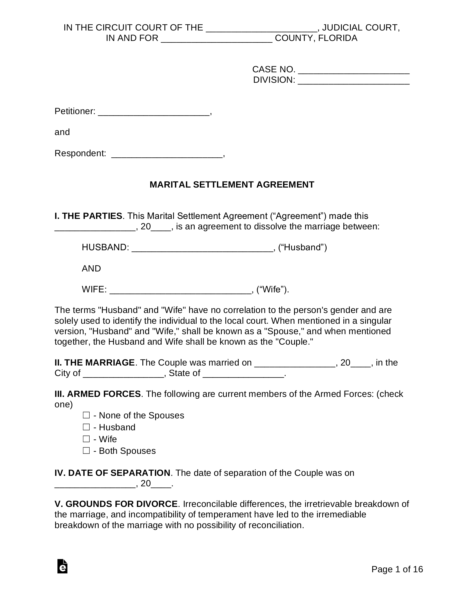 financial agreement divorce template