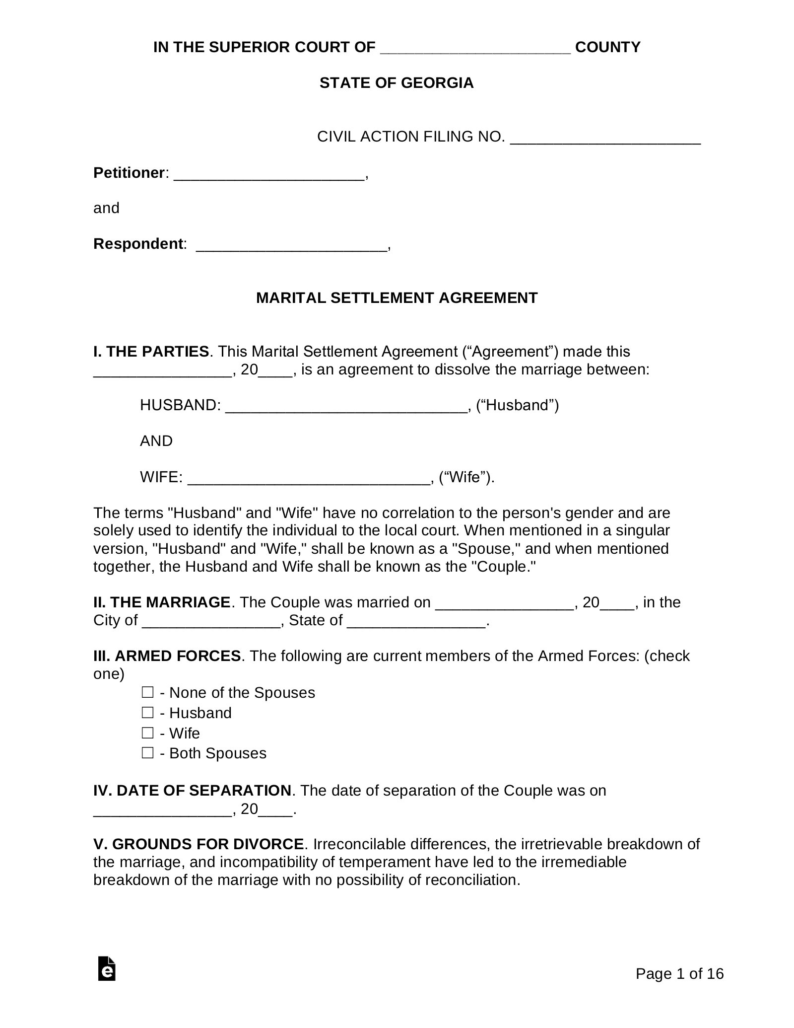 Free Georgia Marital Settlement (Divorce) Agreement PDF Word eForms