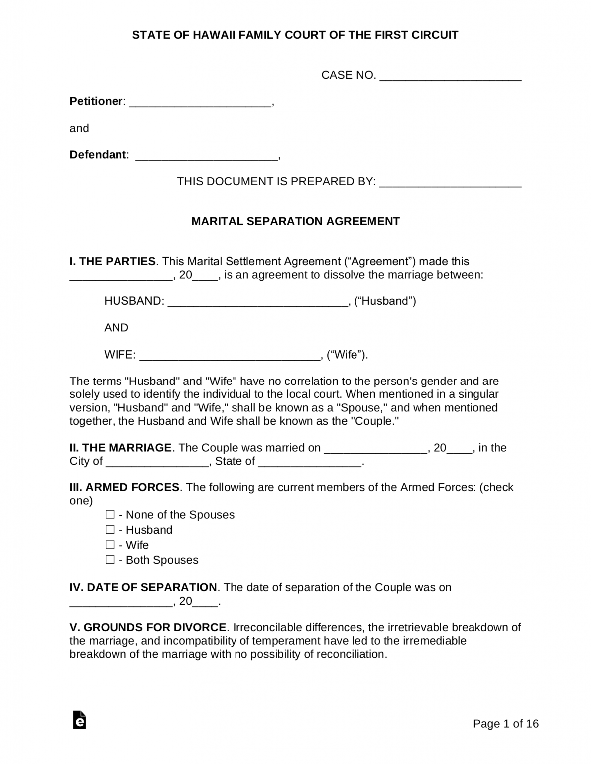 Free Hawaii Marital Settlement (Divorce) Agreement PDF Word eForms