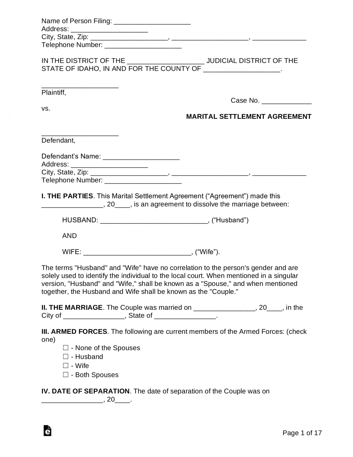 Free Idaho Marital Settlement (Divorce) Agreement PDF Word eForms