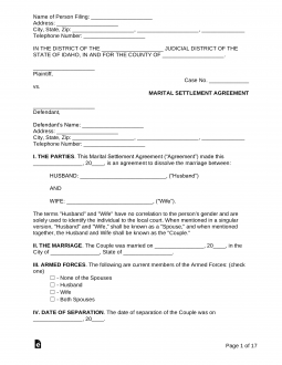 Idaho Marital Settlement (Divorce) Agreement