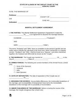 Illinois Marital Settlement (Divorce) Agreement