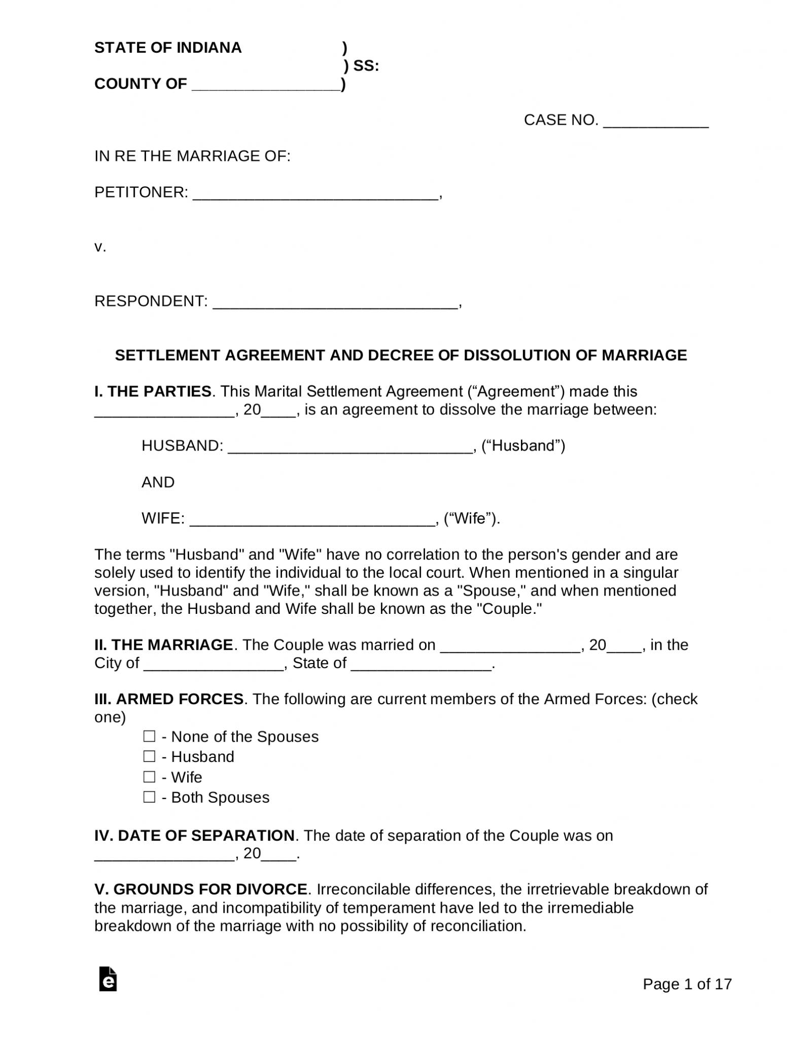 Free Indiana Marital Settlement (Divorce) Agreement PDF Word eForms