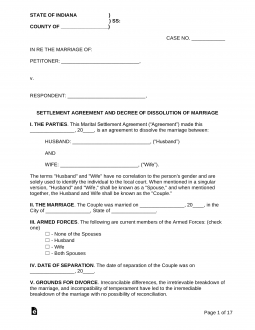 Indiana Marital Settlement (Divorce) Agreement