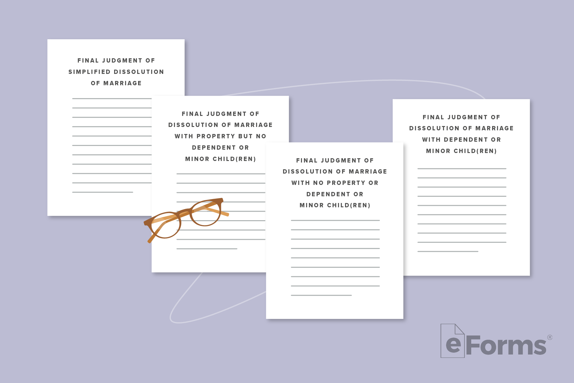 4 Final Judgement forms with a pair of glasses.