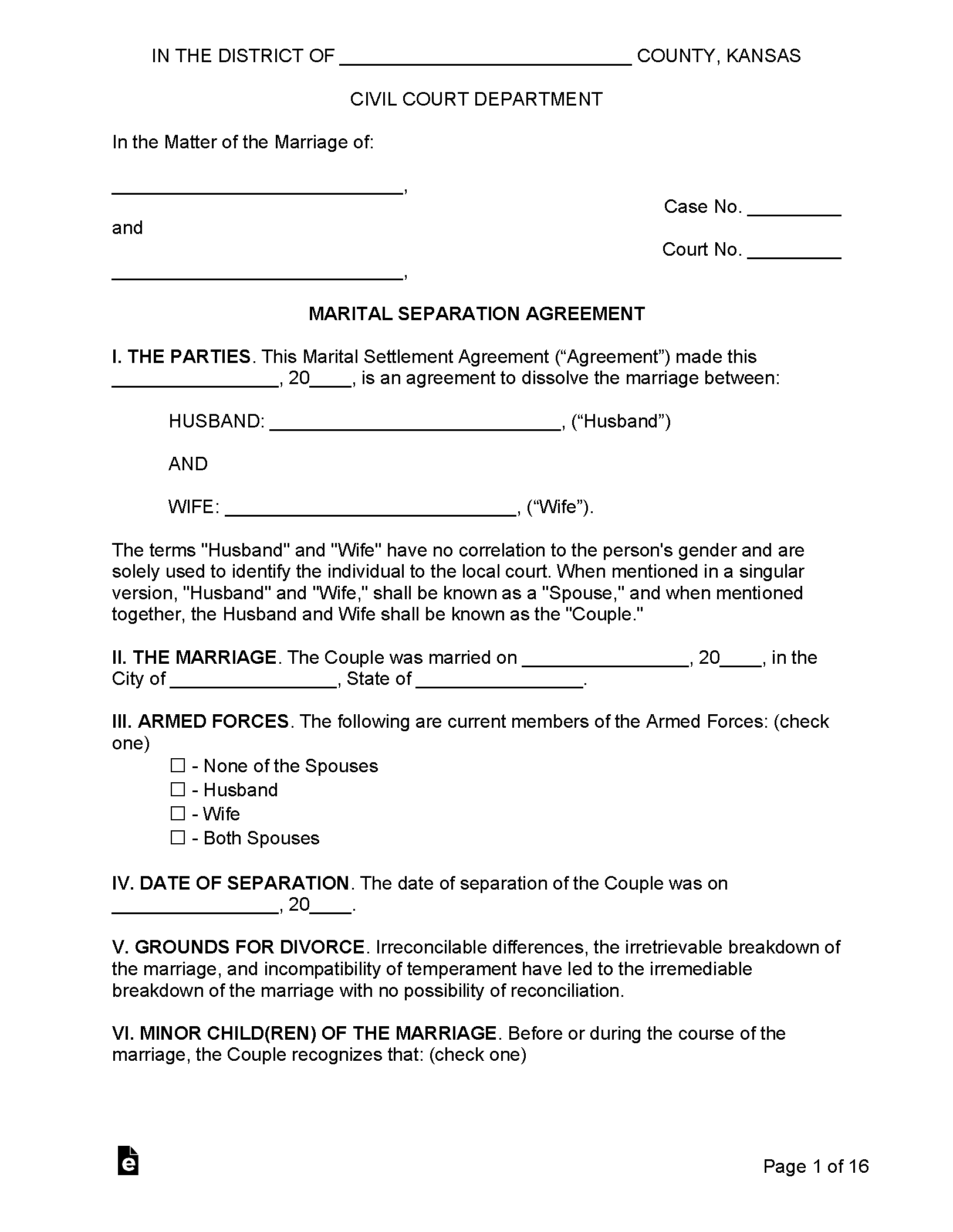 Kansas Marital Settlement (Divorce) Agreement
