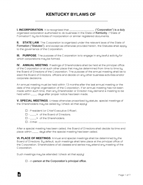 Kentucky Corporate Bylaws Template