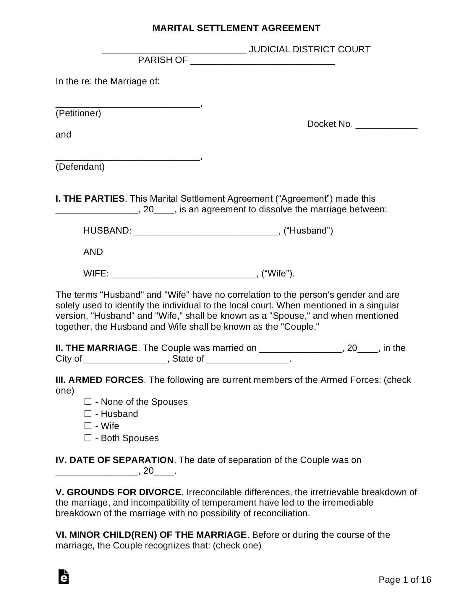Louisiana Marital Settlement (Divorce) Agreement