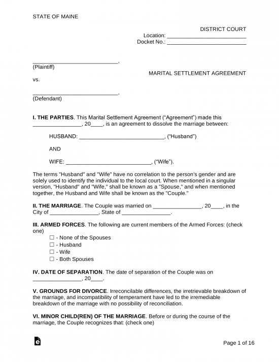 Maine Marital Settlement (Divorce) Agreement