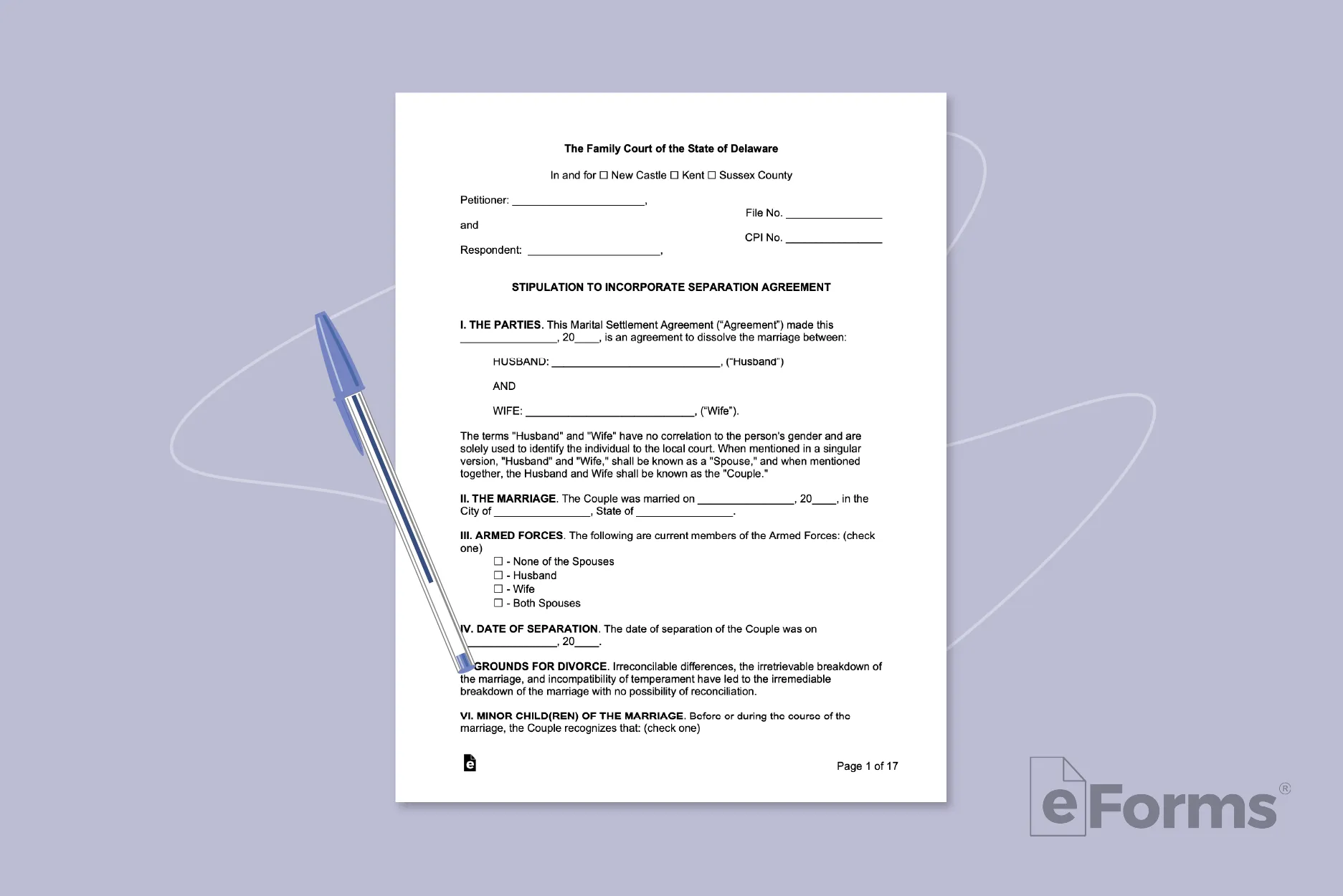 Marital Settlement Agreement with a ball point pen.
