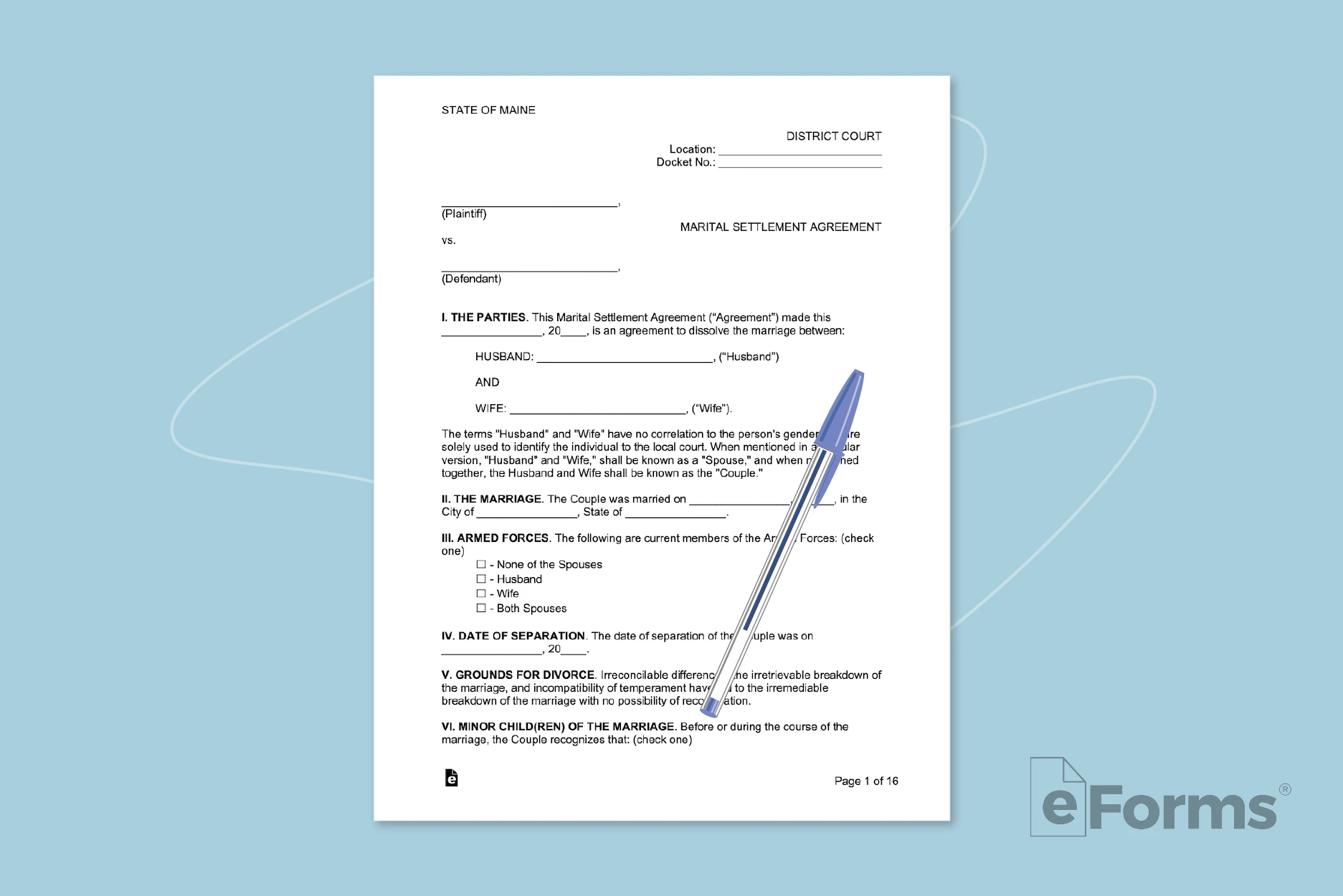 Marital Settlement Agreement document with ball point pen.