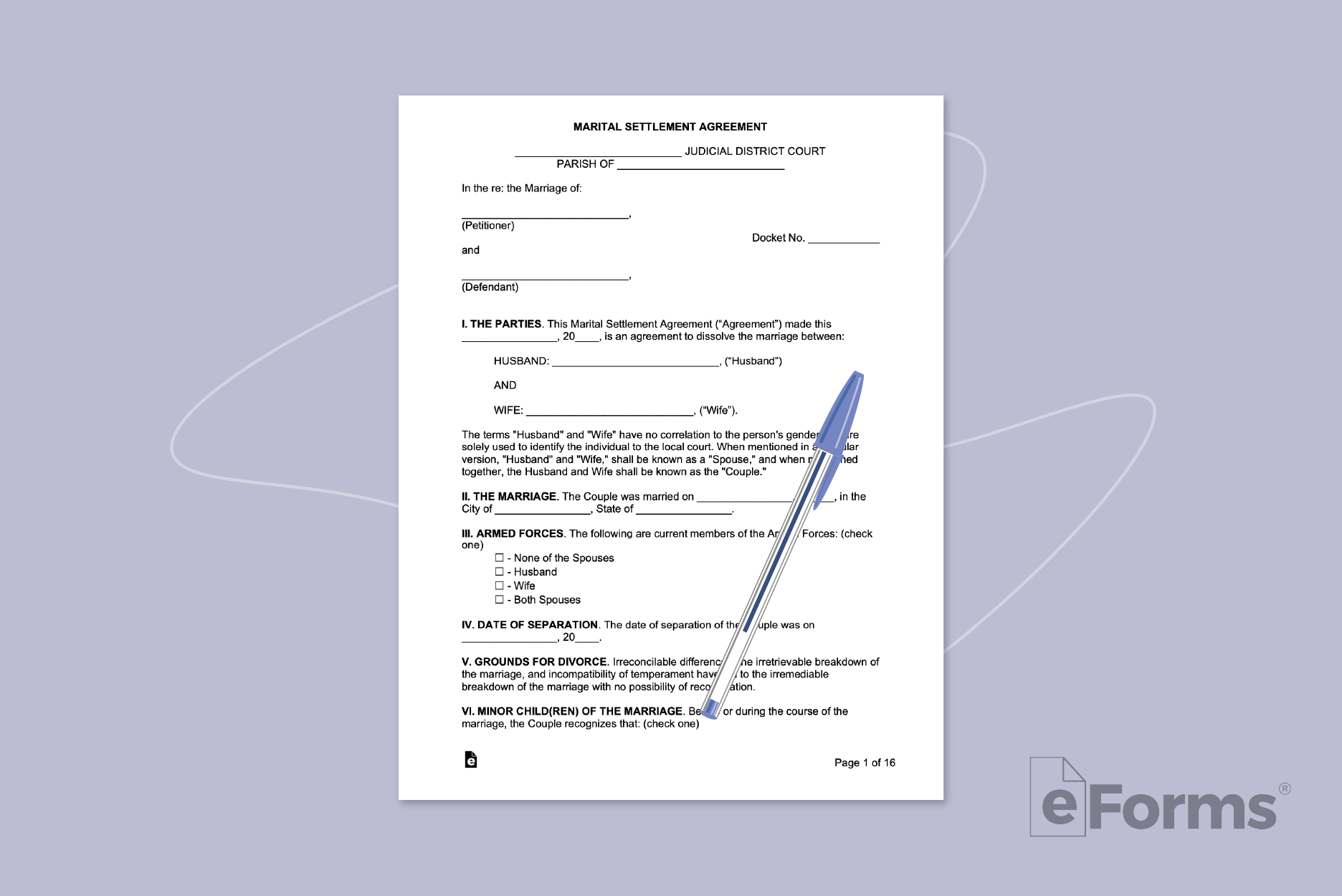 Marital Settlement Agreement with ball point pen.