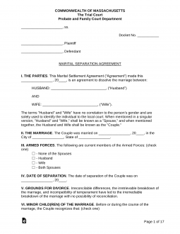 Massachusetts Marital Settlement (Divorce) Agreement