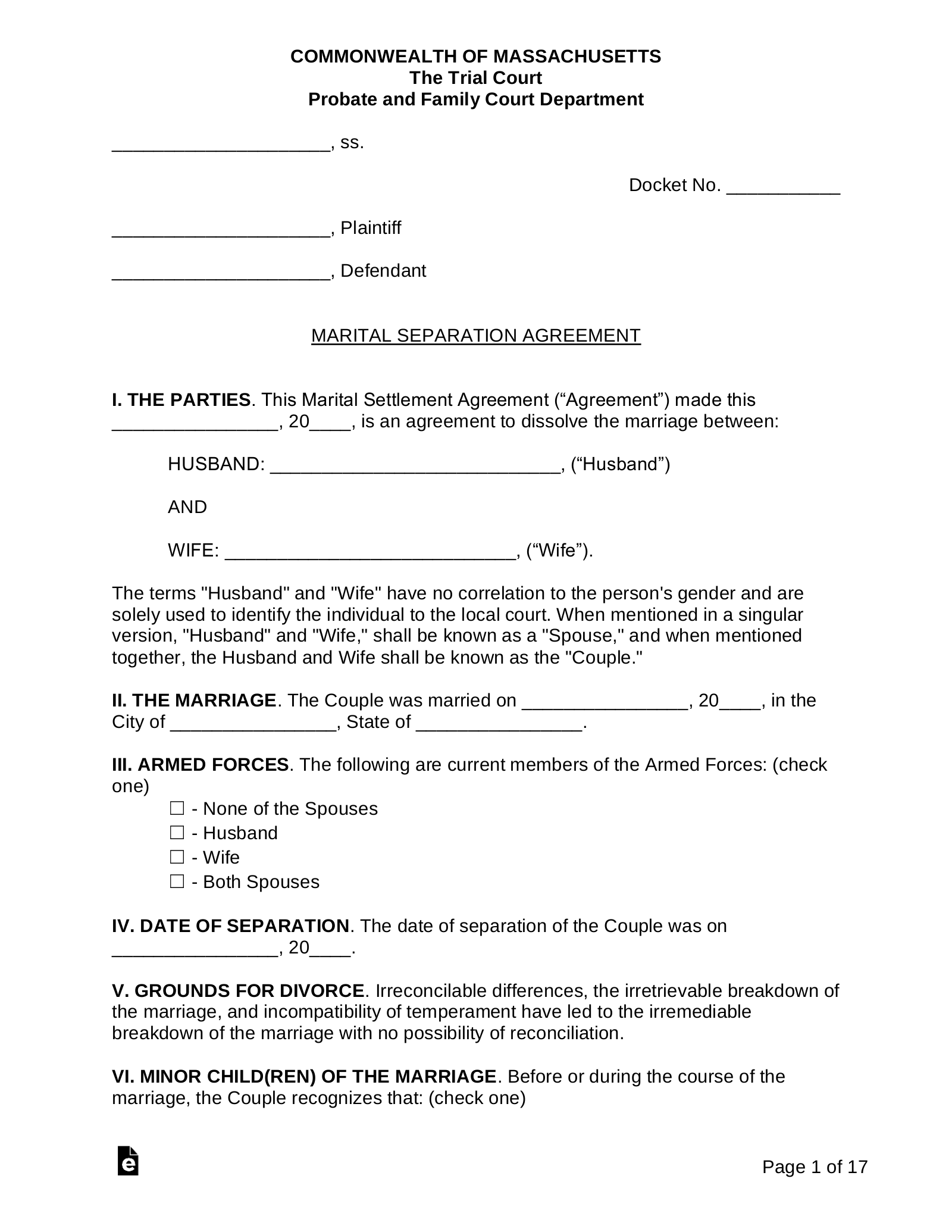 Free Massachusetts Marital Settlement Divorce Agreement PDF Word