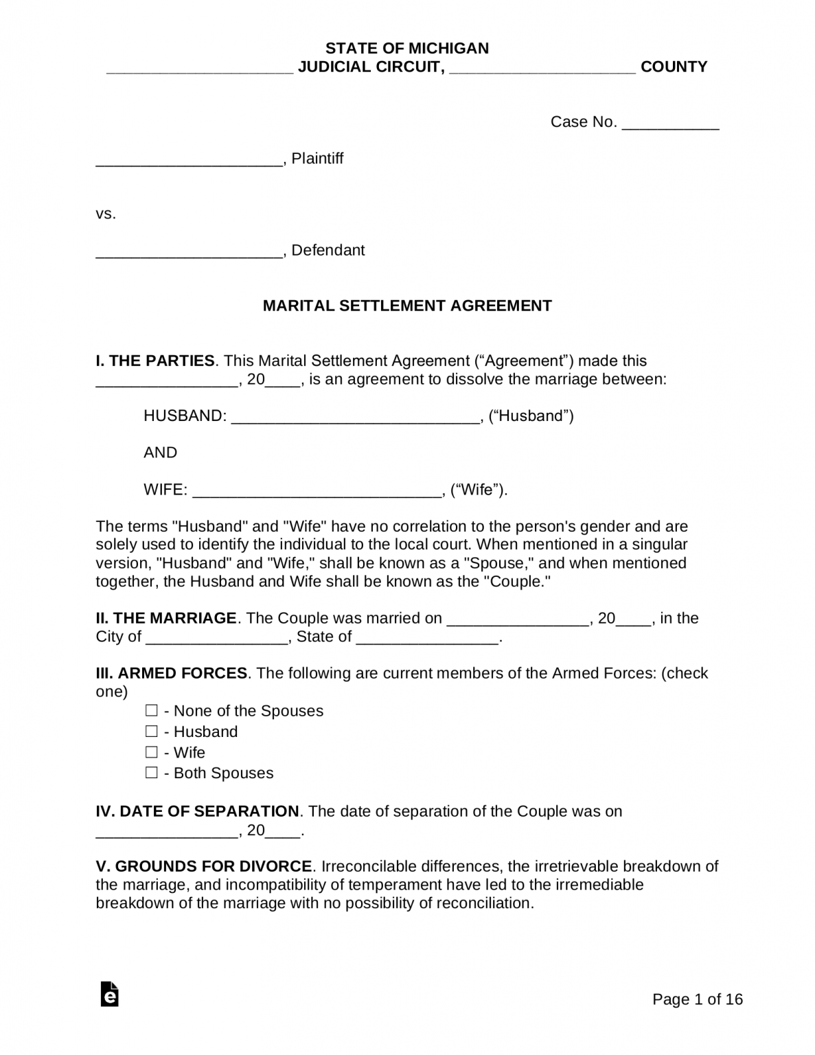 Free Michigan Marital Settlement Divorce Agreement PDF Word EForms