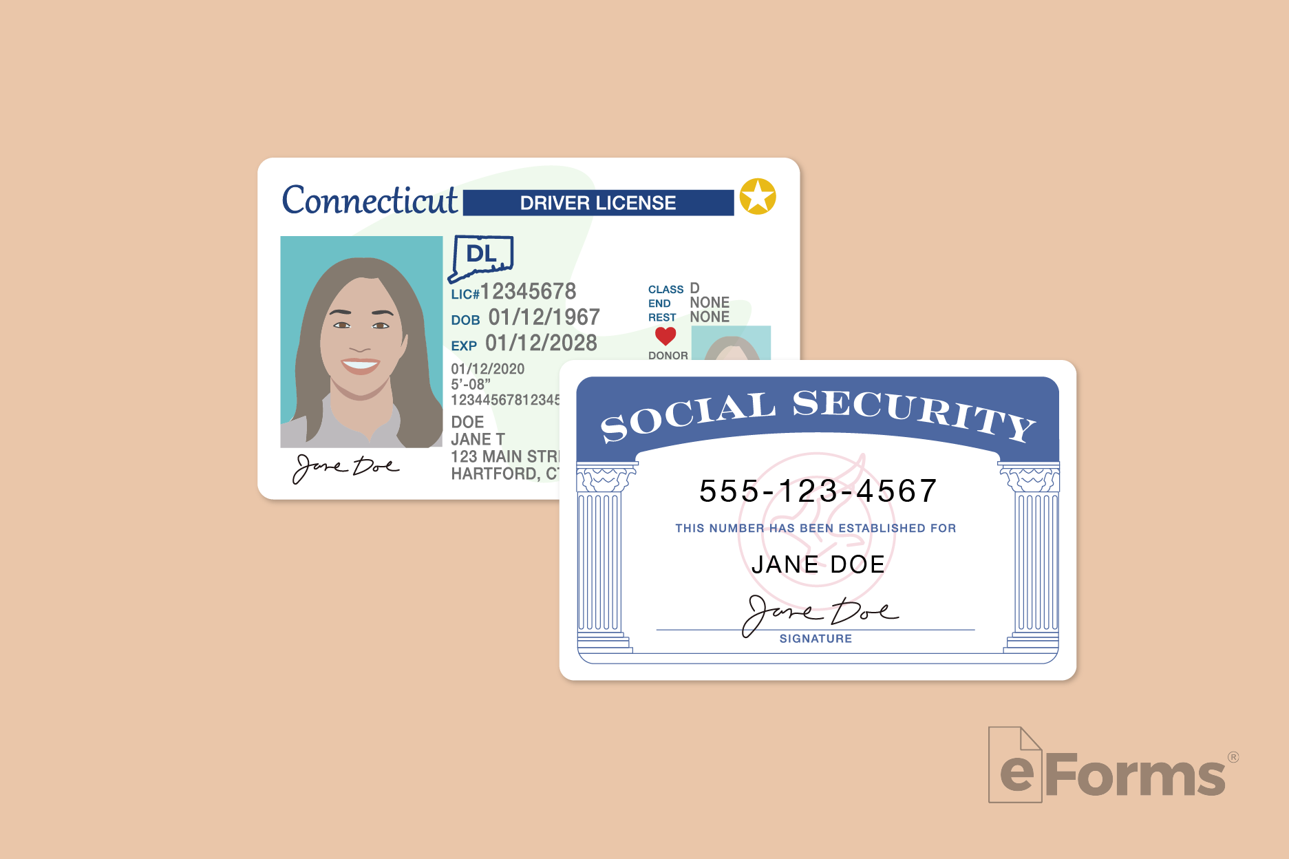 Connecticut Drivers License and Social Security Card.
