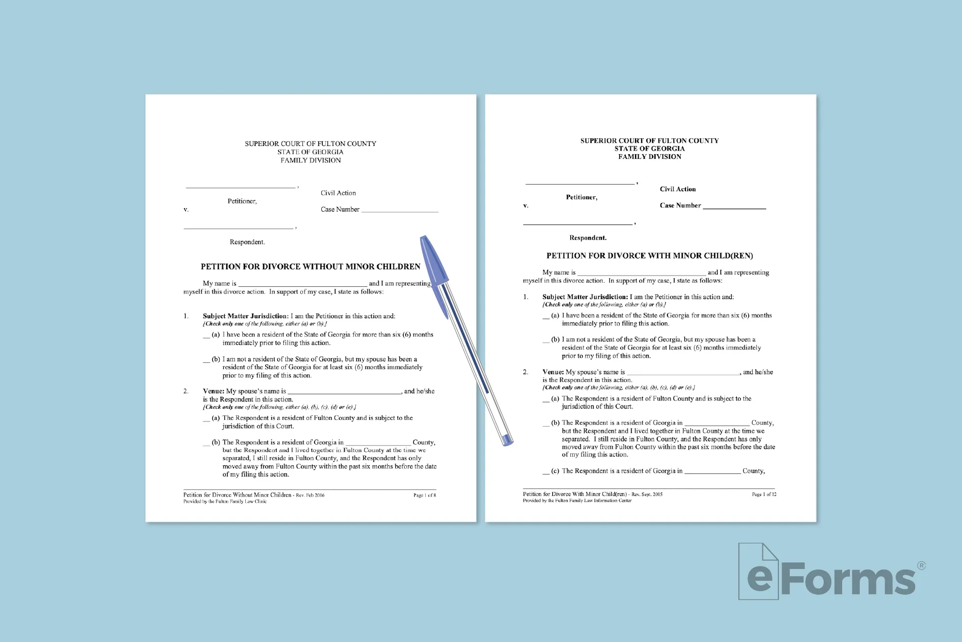 Pair of Petition for Divorce forms with ball point pen.