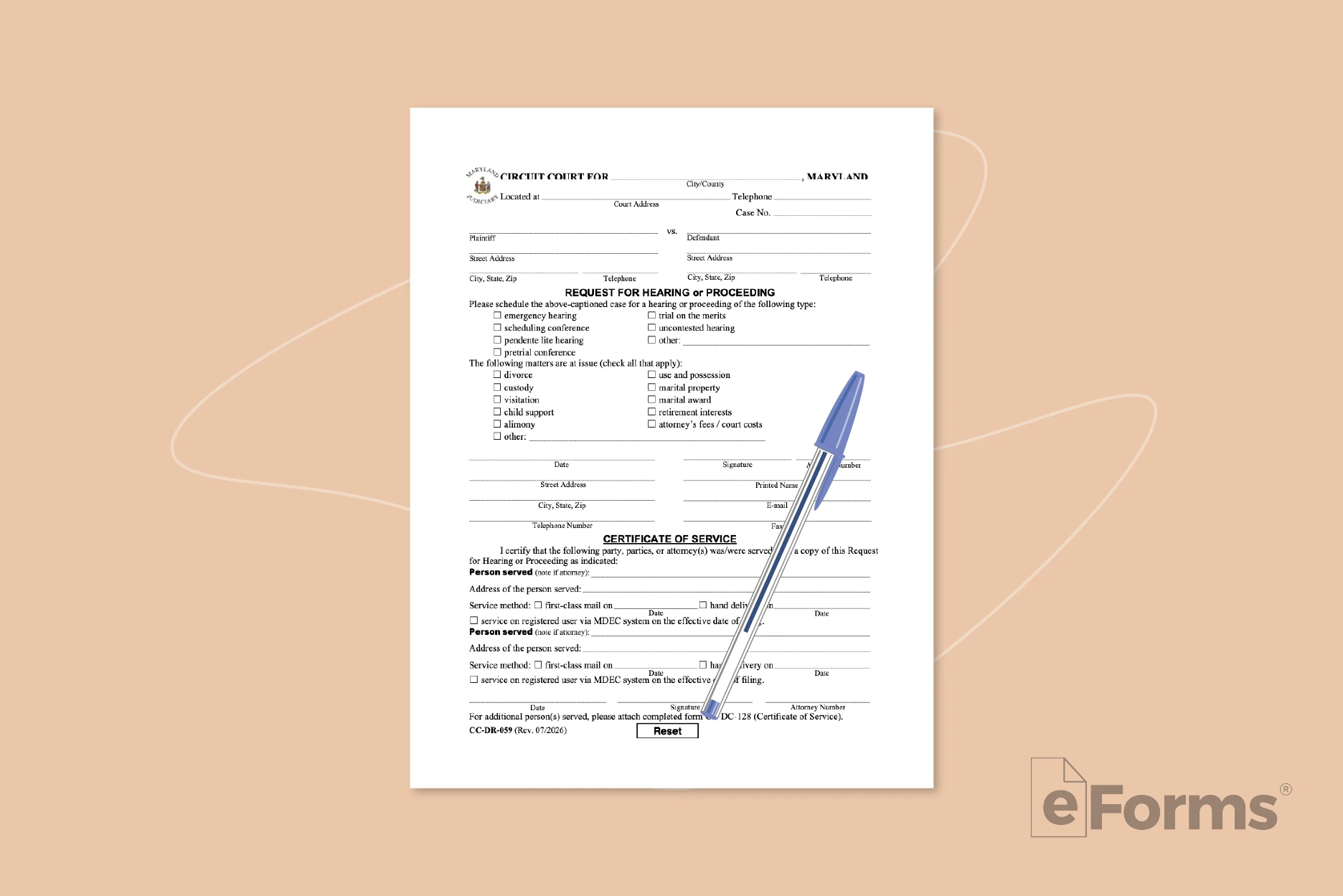 Request for Hearing document with ball point pen.