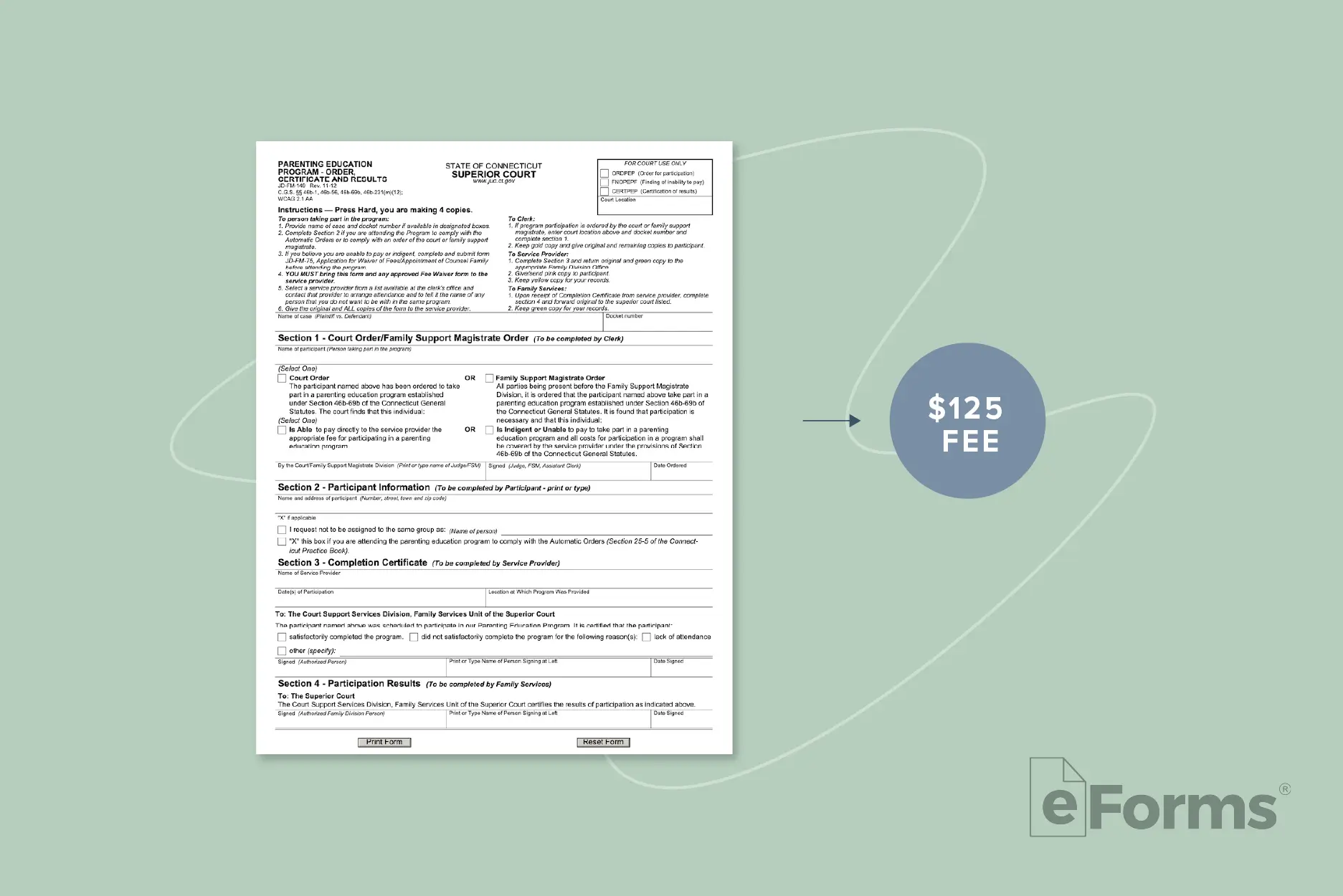 Requirements for Parents form and arrow pointing to $125 fee.