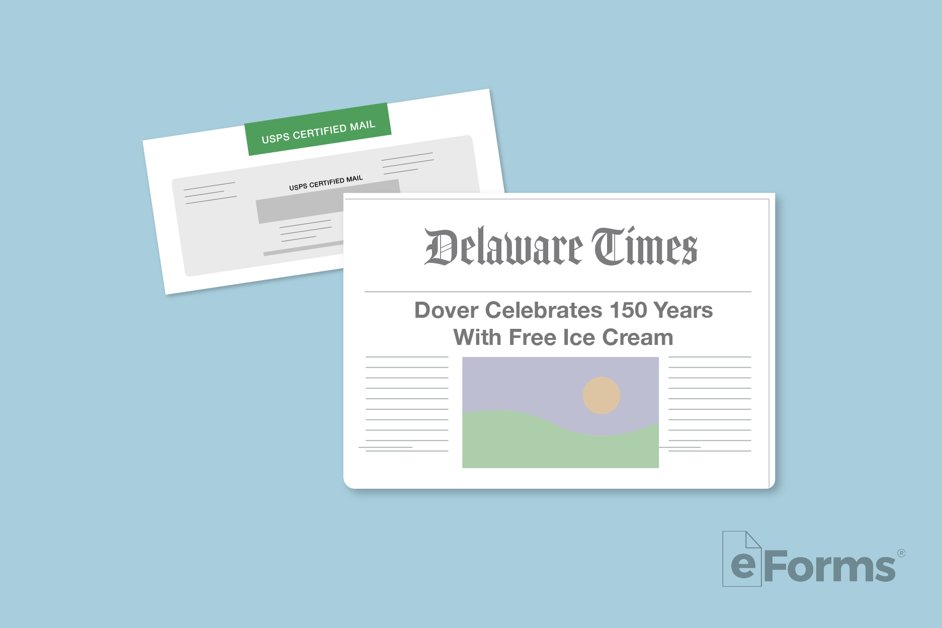 Certified Mail envelope next to Delaware Times newspaper.