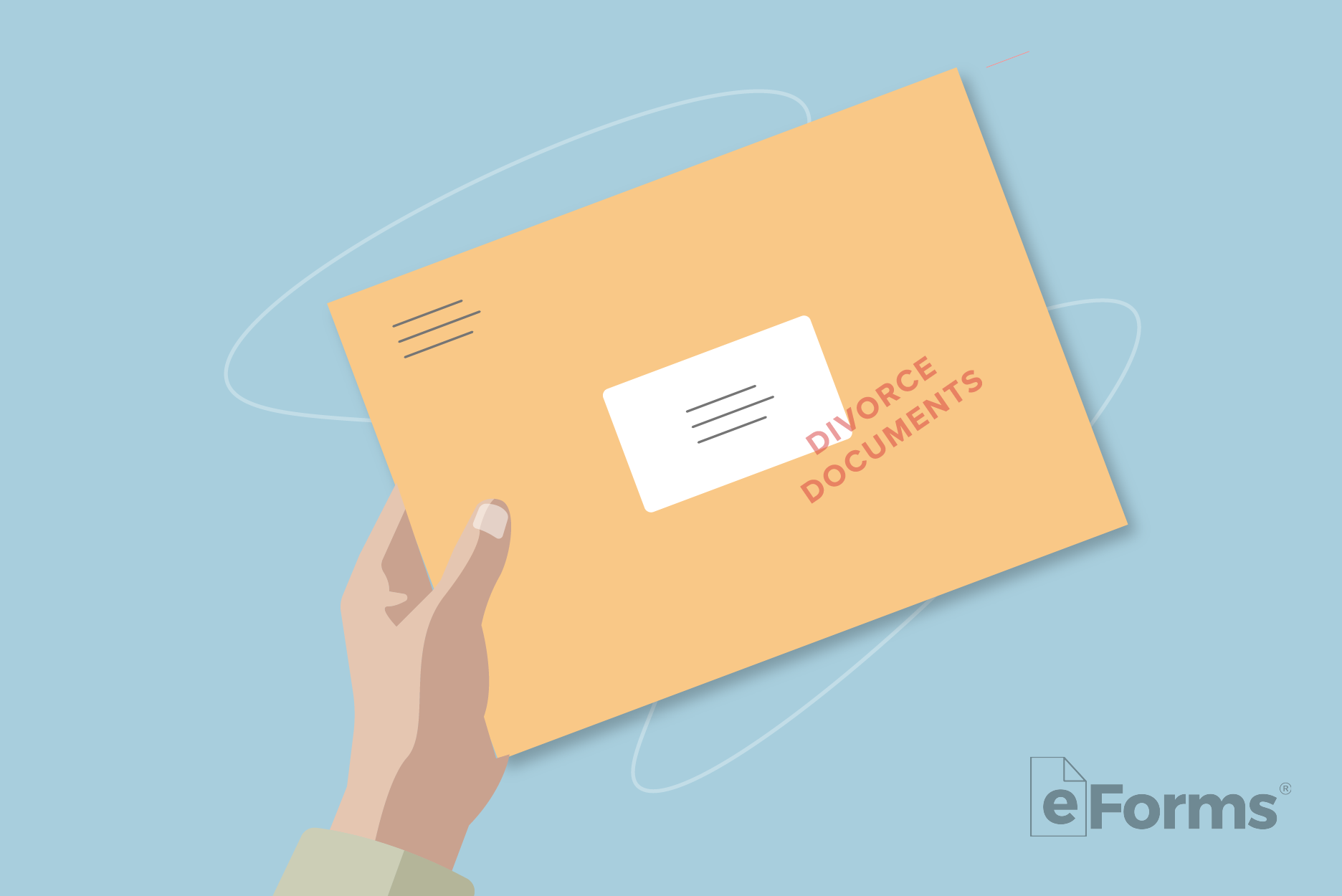Hand holding manila envelope with "Divorce Documents" stamped upon it.