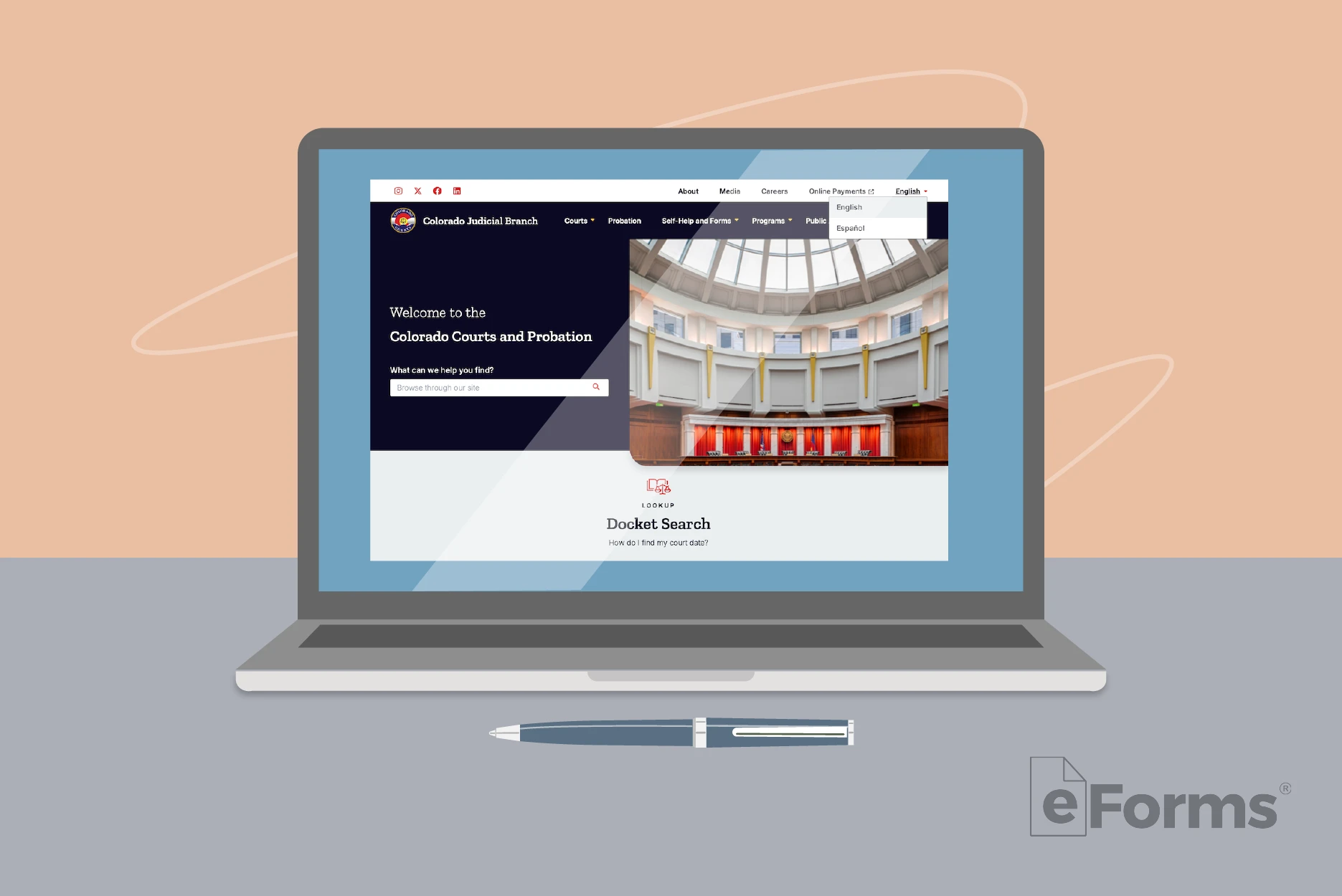 Laptop with website for courts displayed on screen.