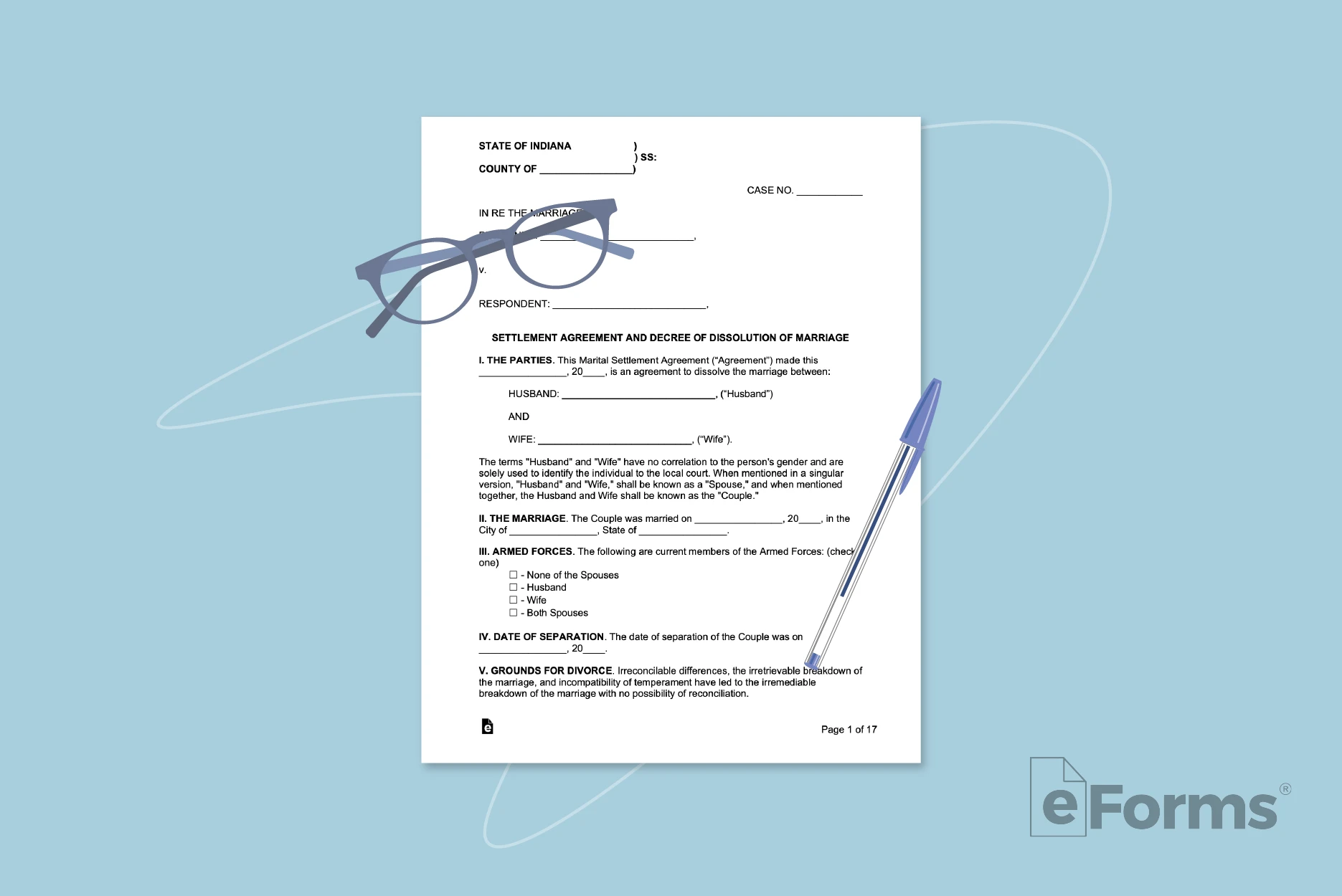 Settlement Arrangement document with pair of glasses and ball point pen.