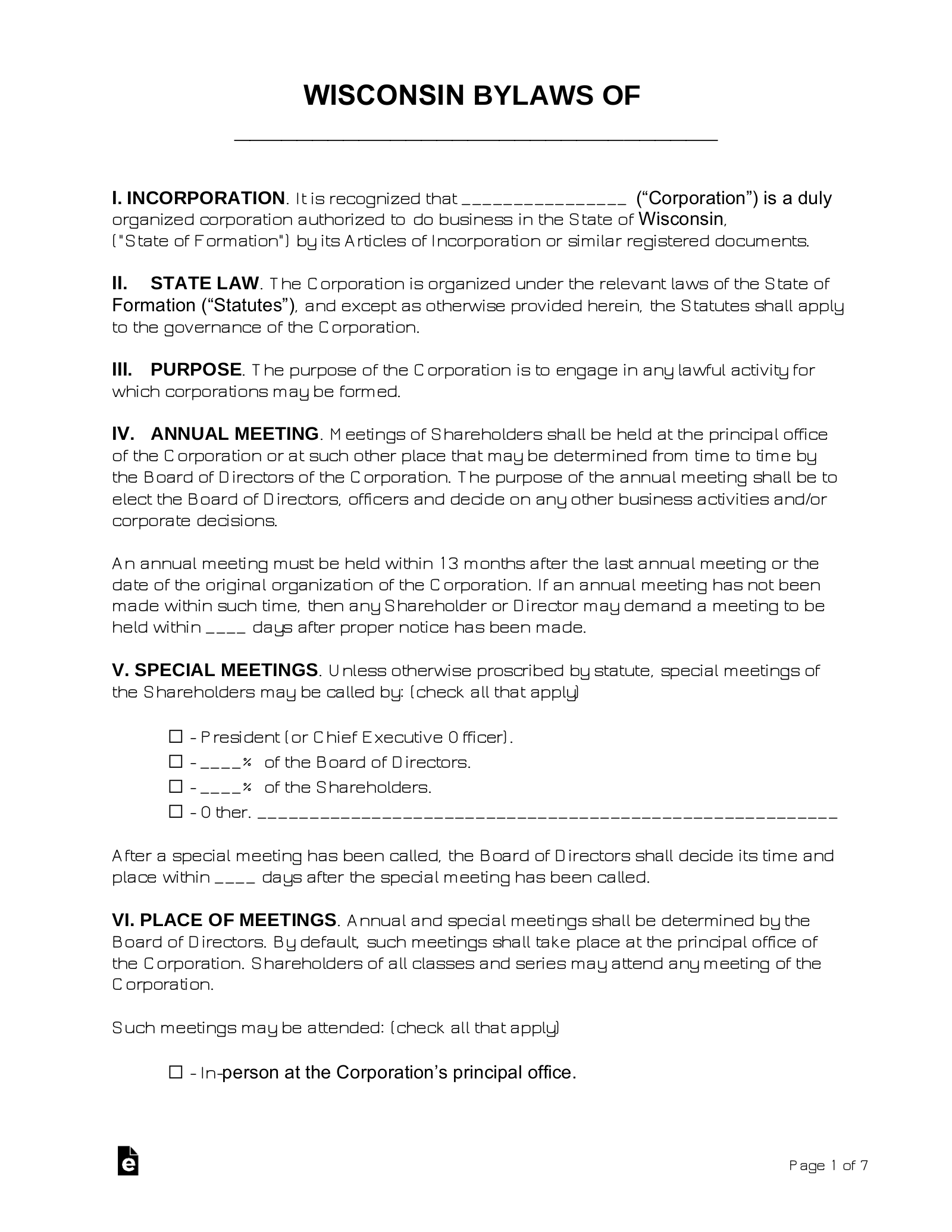 Wisconsin Corporate Bylaws Template