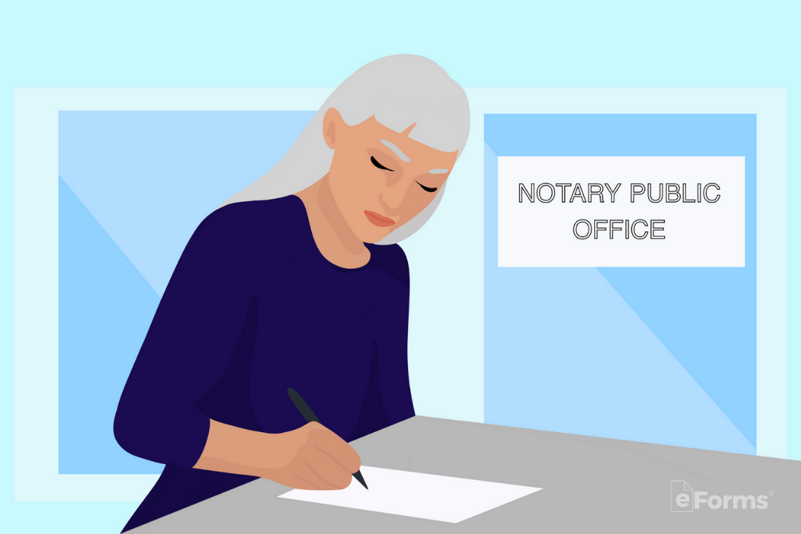 A woman filling out paperwork at a notary public office