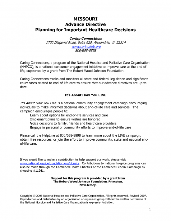 Free Missouri Advance Directive Form - PDF – EForms