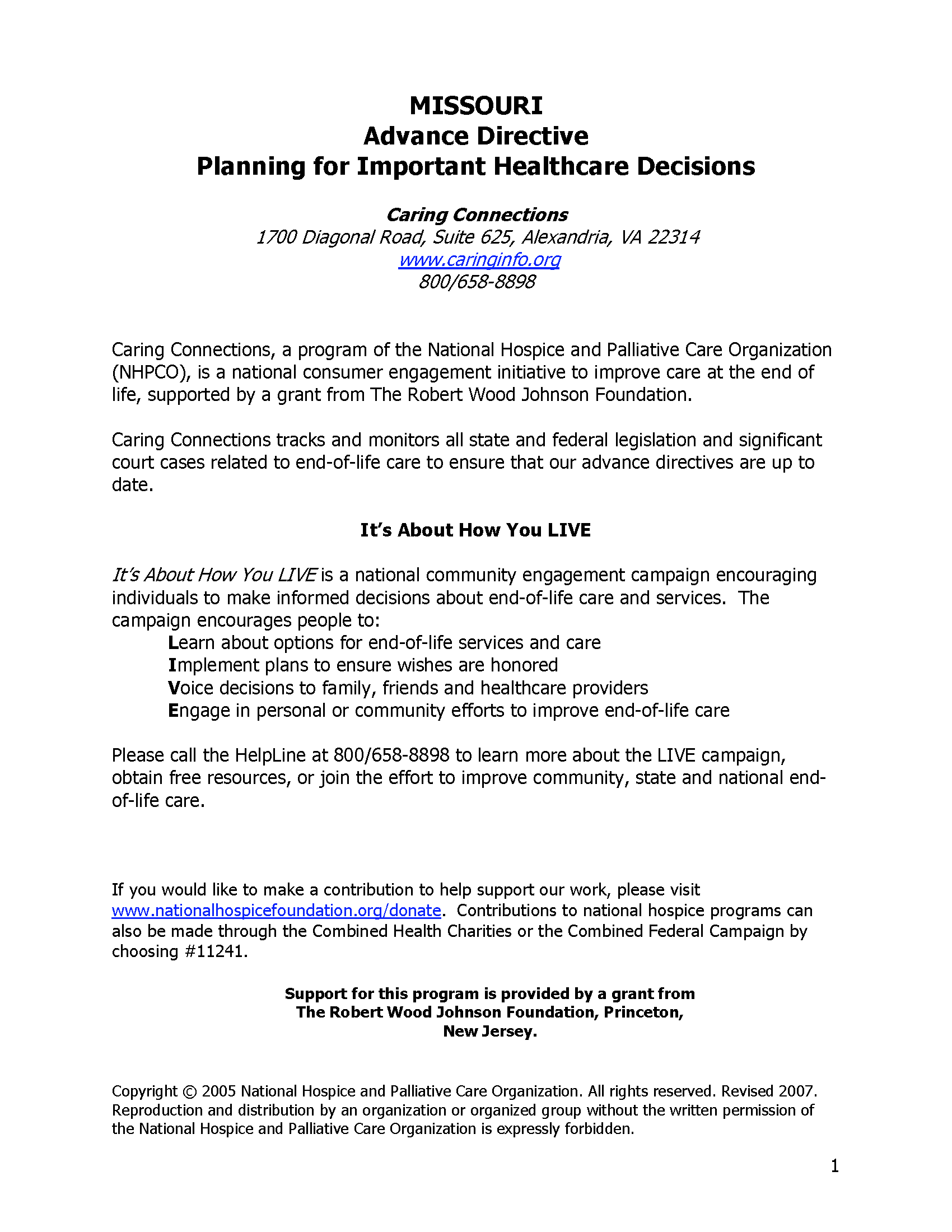 Free Missouri Advance Directive Form PDF eForms