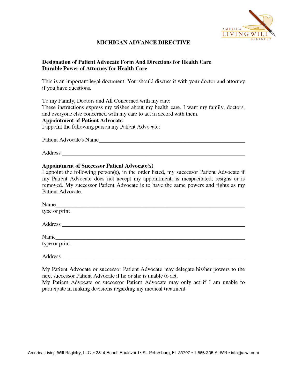 Free Michigan Advance Directive Form PDF EForms