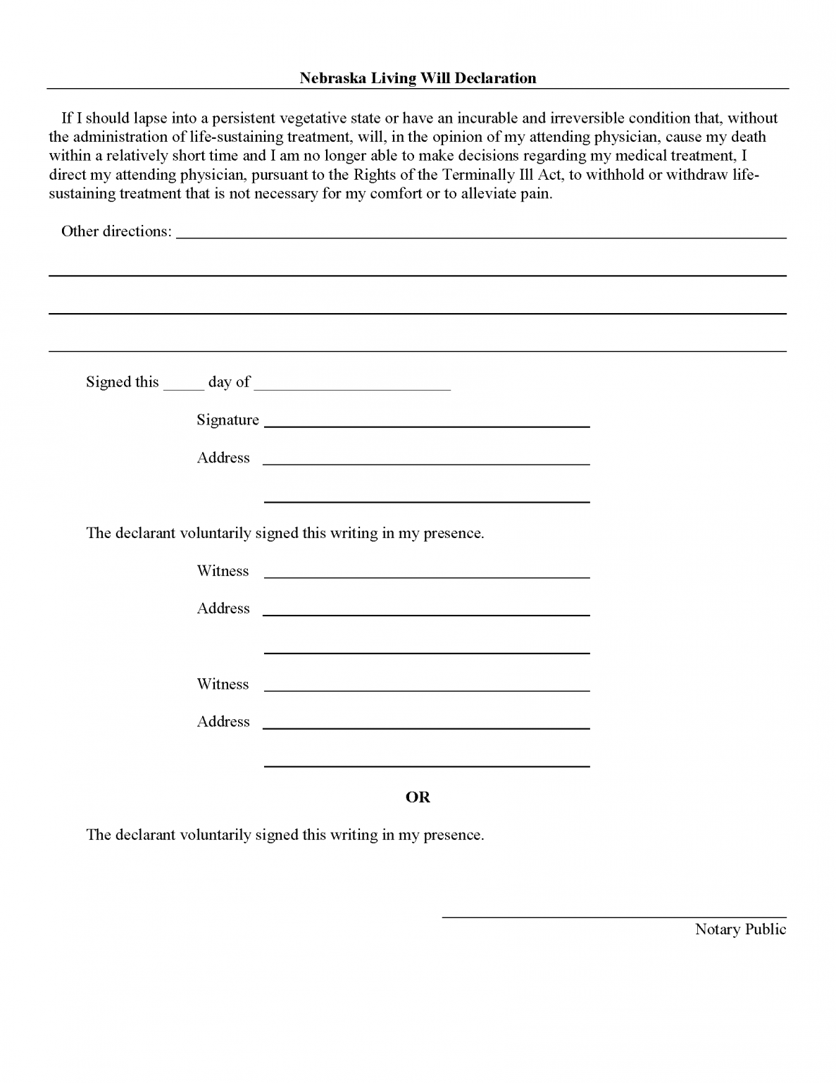 Free Nebraska Advance Directive Form - PDF – eForms