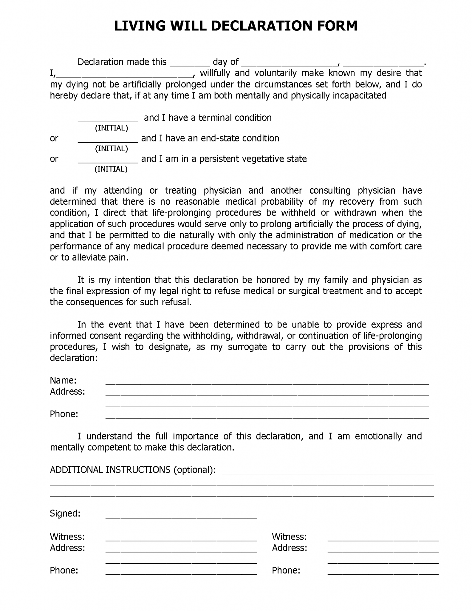 Free Florida Advance Directive Form PDF EForms