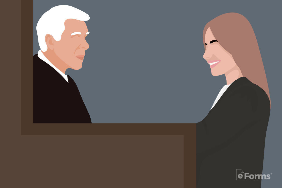 A lawyer chats with judge after the final divorce hearing