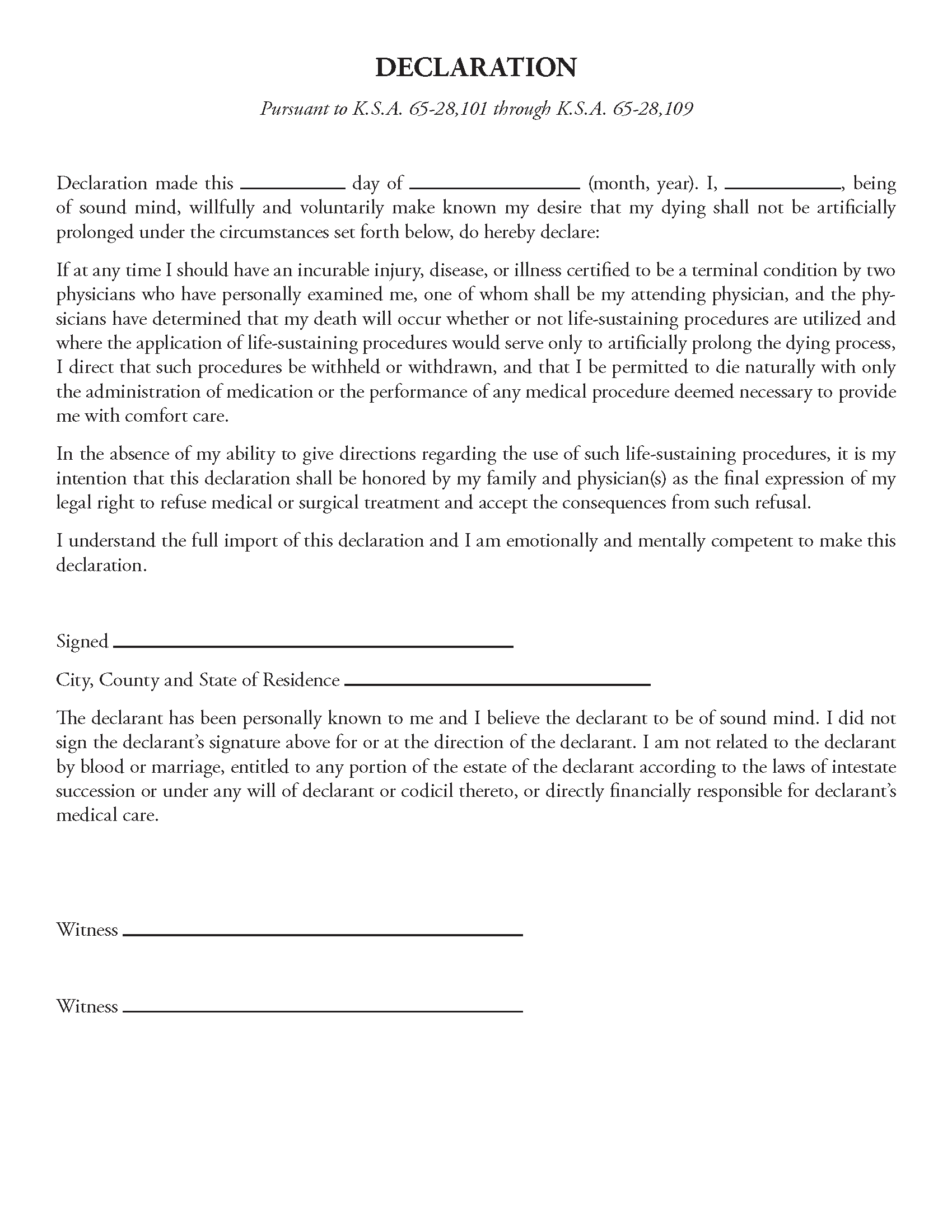 Free kansas advance directive form pdf eforms