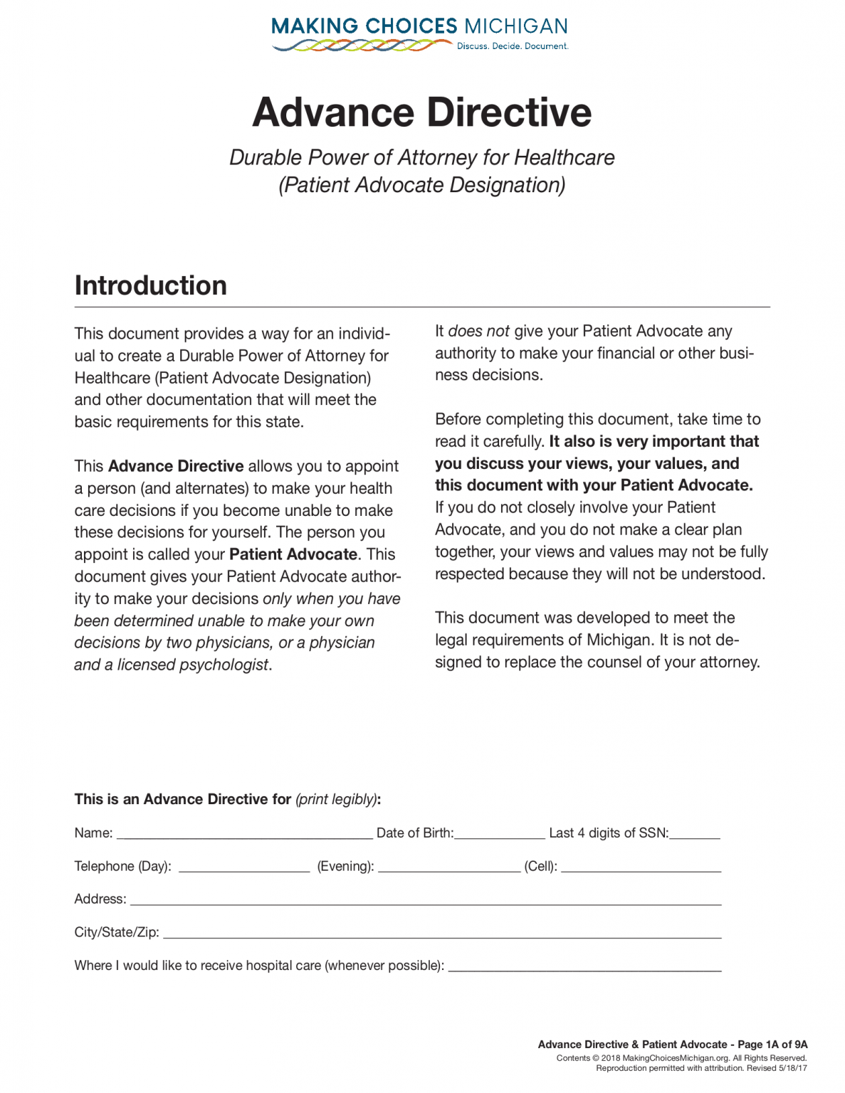 Michigan Advance Directive Printable Form Printable World Holiday