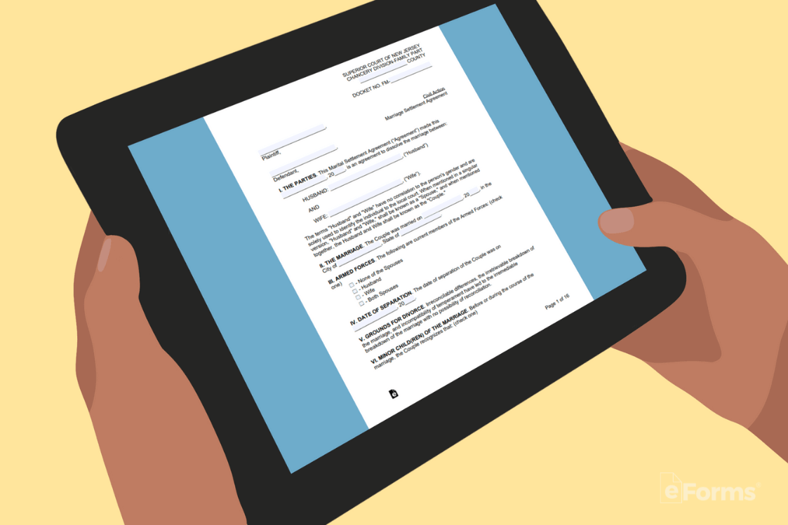 An iPad showing a New Jersey Marital Settlement agreement 