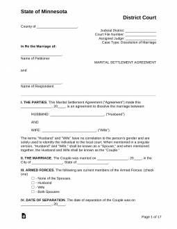 Minnesota Marital Settlement (Divorce) Agreement