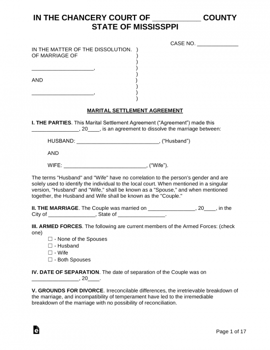 Mississippi Marital Settlement (Divorce) Agreement