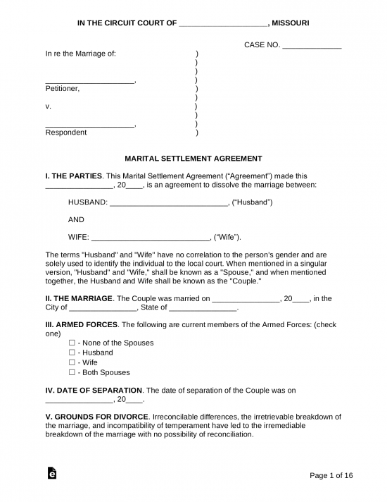 Missouri Marital Settlement (Divorce) Agreement