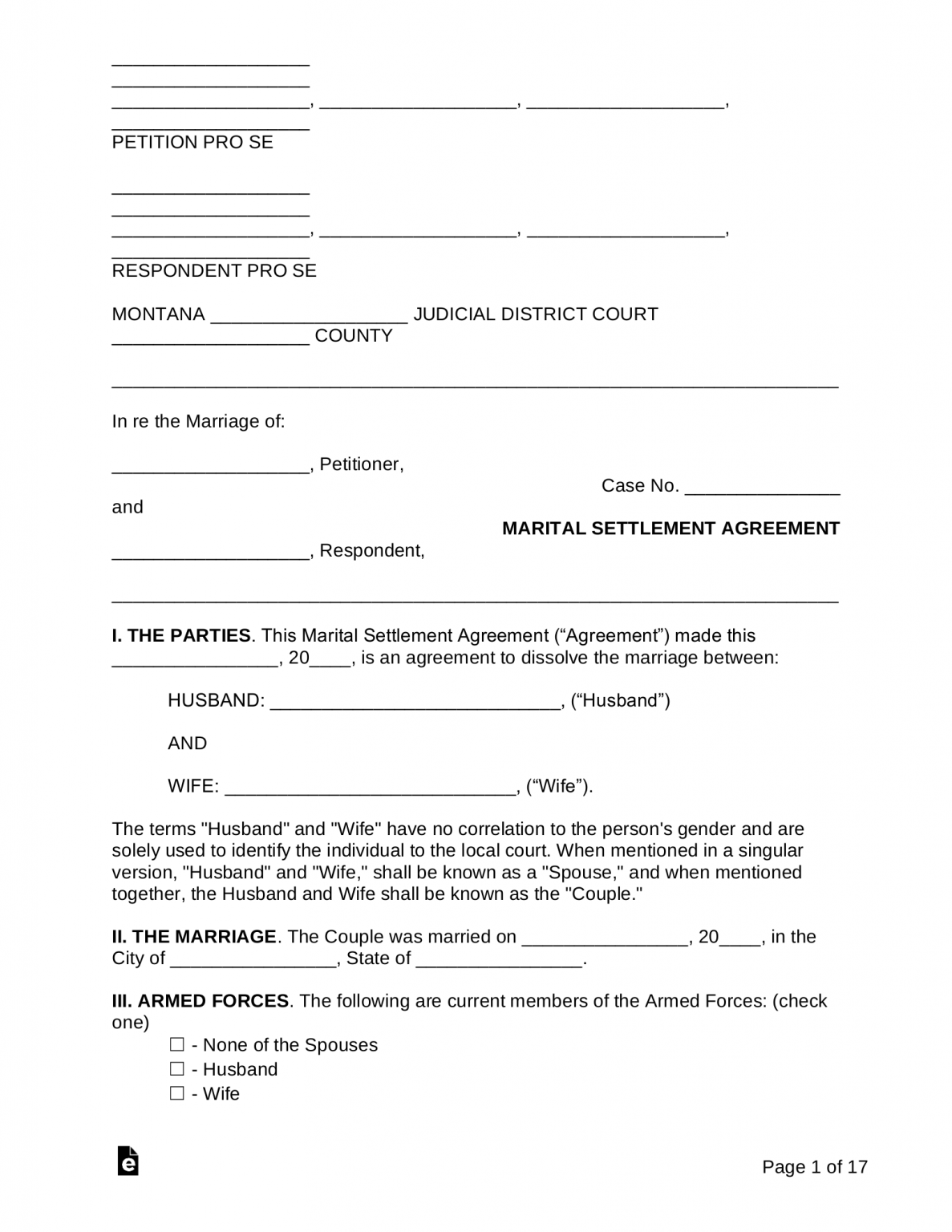 free montana marital settlement divorce agreement word pdf eforms