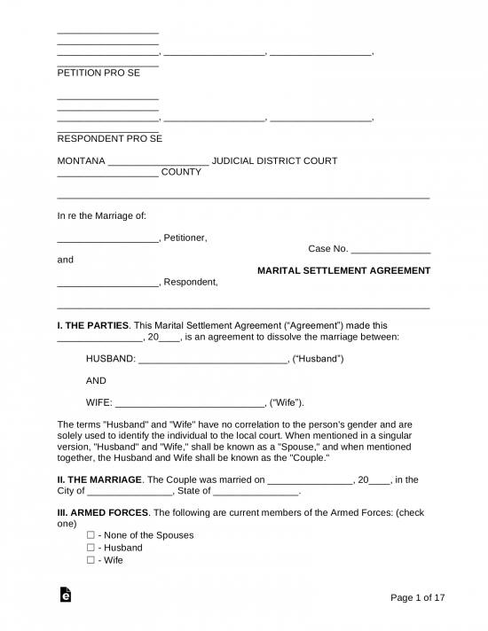 Montana Marital Settlement (Divorce) Agreement