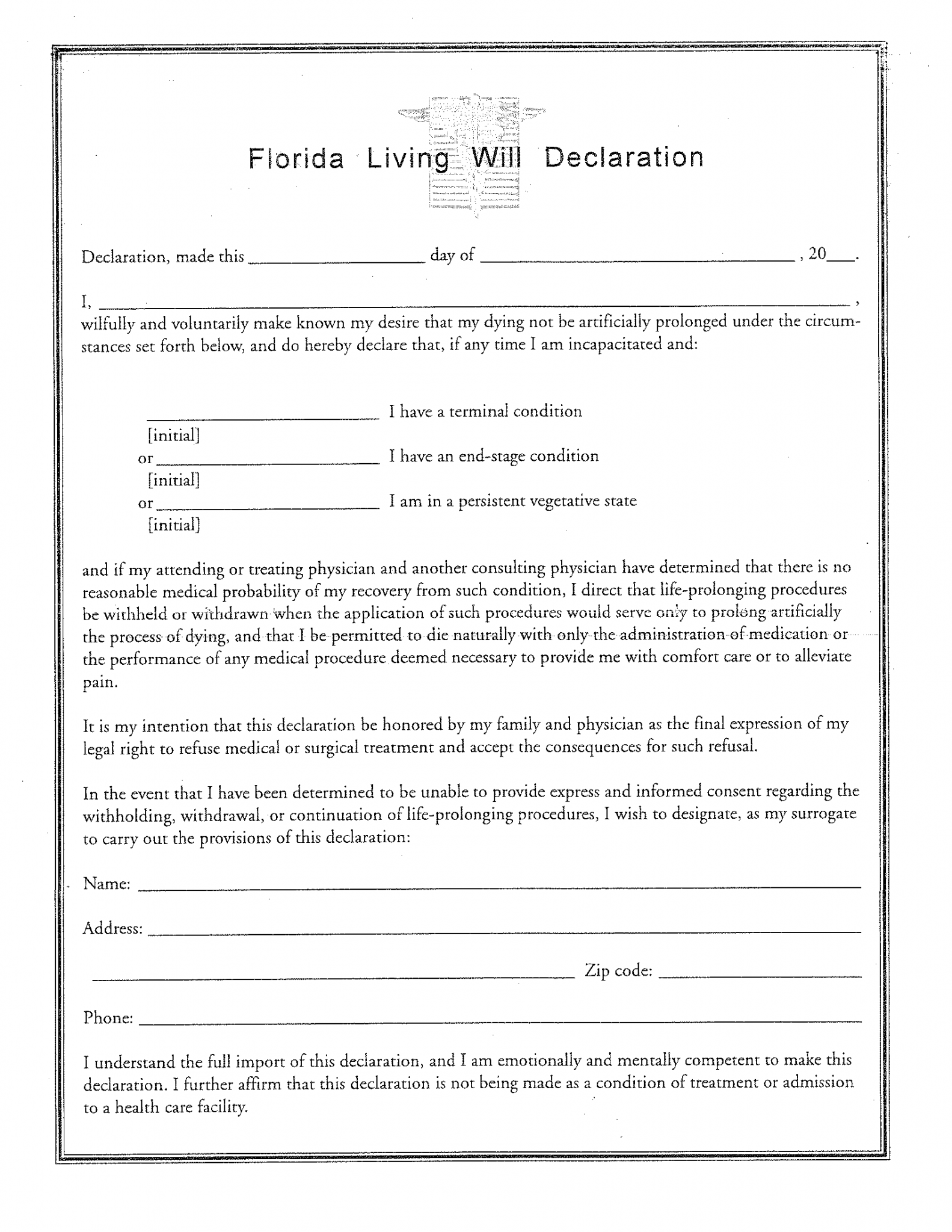 Free Florida Advance Directive Form - PDF – eForms