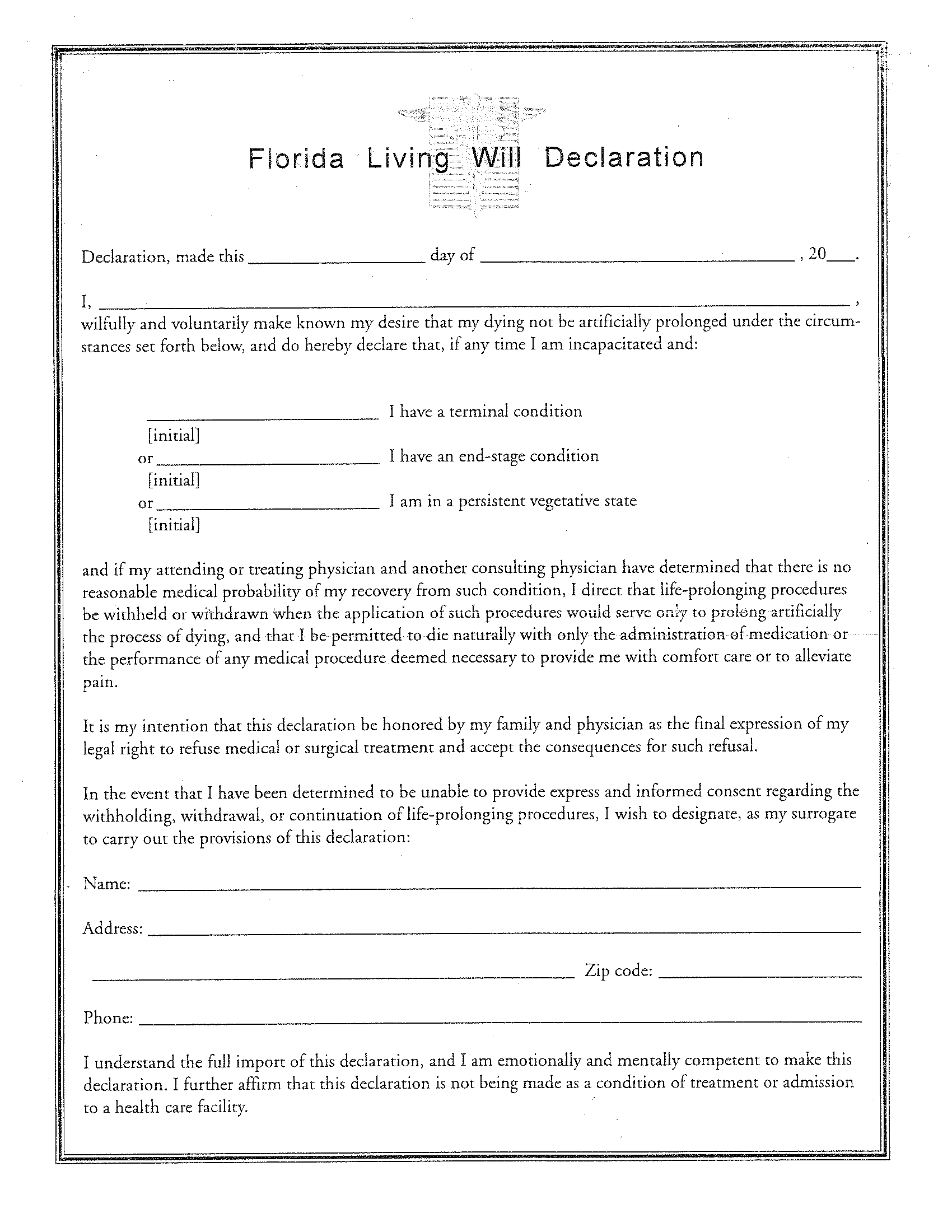 Free Florida Advance Directive Form PDF eForms