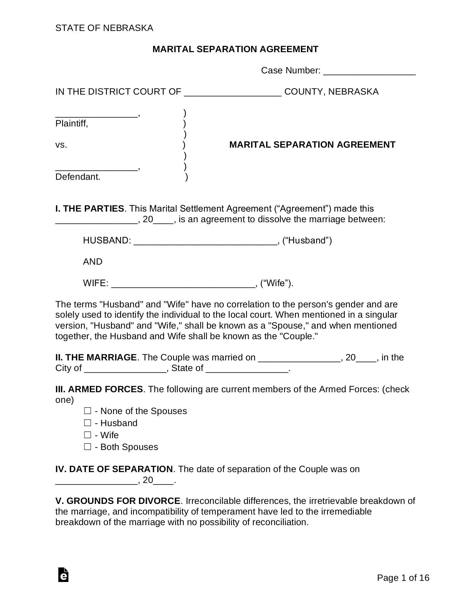 Nebraska Marital Settlement (Divorce) Agreement